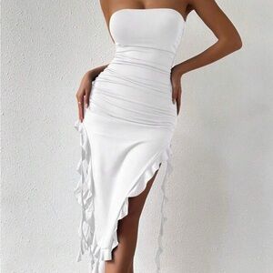SHEIN Strapless White Dress with Ruffle Detail